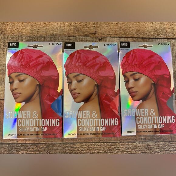 Donna Set Of 3 Shower & Conditioning Silky Satin Cap Waterproof Red Blue Black - Picture 1 of 6